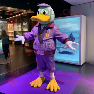 Purple Duck mascot costume character dressed with a Bomber Jacket and Anklets