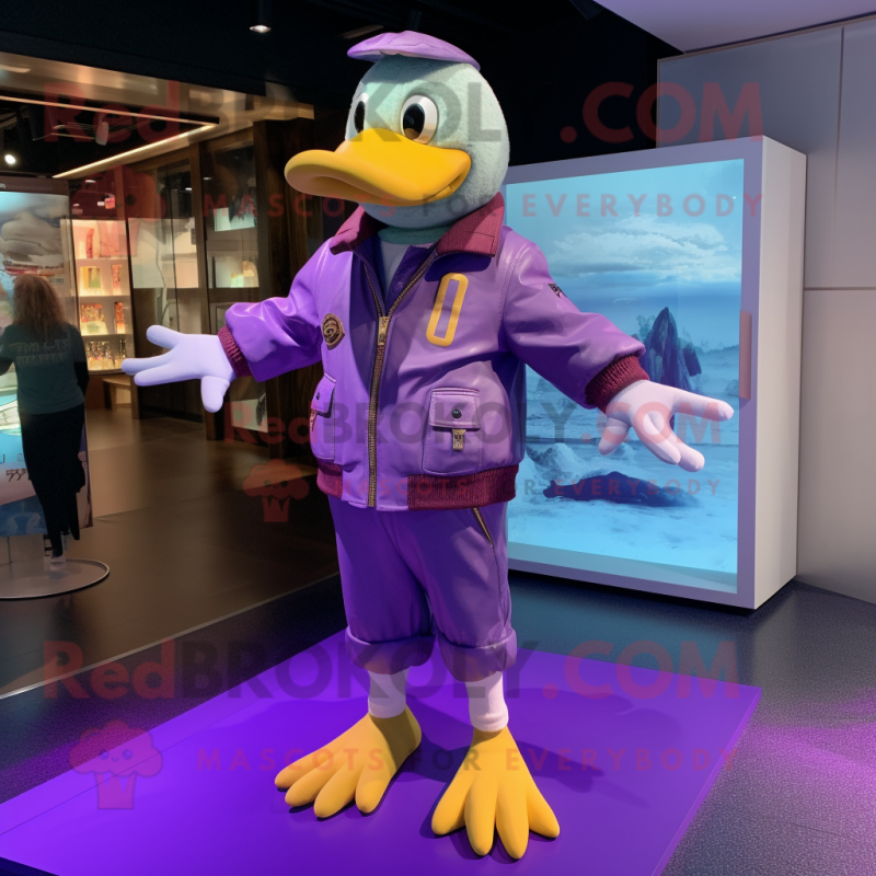 Purple Duck mascot costume character dressed with a Bomber Jacket and Anklets Purple Duck mascot costume character dressed with a Bomber Jacket and Anklets