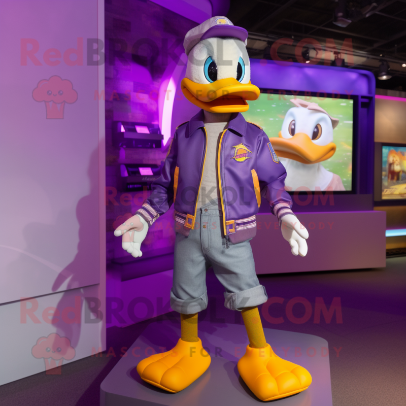 Purple Duck mascot costume character dressed with a Bomber Jacket and Anklets