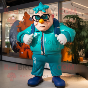 Turquoise Strongman mascot costume character dressed with a Bomber Jacket and Eyeglasses