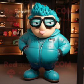 Turquoise Strongman mascot costume character dressed with a Bomber Jacket and Eyeglasses