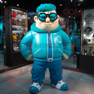 Turquoise Strongman mascot costume character dressed with a Bomber Jacket and Eyeglasses
