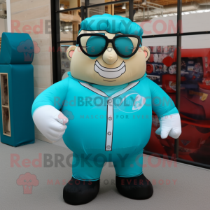 Turquoise Strongman mascot costume character dressed with a Bomber Jacket and Eyeglasses