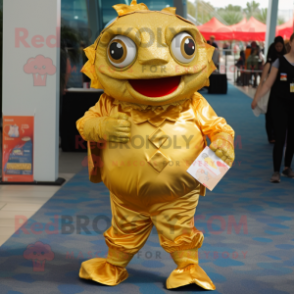 Gold Piranha mascot costume character dressed with a Jumpsuit and Coin purses