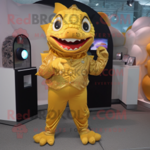 Gold Piranha mascot costume character dressed with a Jumpsuit and Coin purses