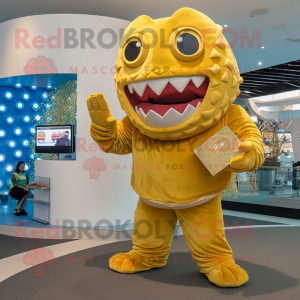 Gold Piranha mascot costume character dressed with a Jumpsuit and Coin purses