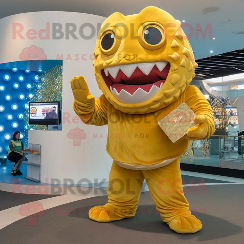 Gold Piranha mascot costume character dressed with a Jumpsuit and Coin purses