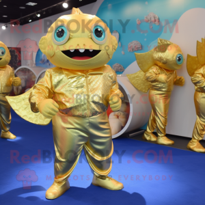 Gold Piranha mascot costume character dressed with a Jumpsuit and Coin purses