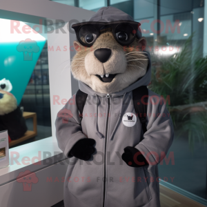 Gray Capybara mascot costume character dressed with a Windbreaker and Eyeglasses