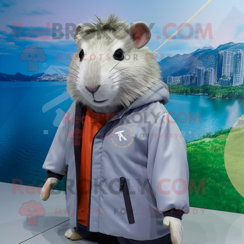 Gray Capybara mascot costume character dressed with a Windbreaker and Eyeglasses