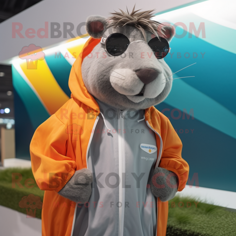 Gray Capybara mascot costume character dressed with a Windbreaker and Eyeglasses