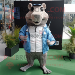 Gray Capybara mascot costume character dressed with a Windbreaker and Eyeglasses