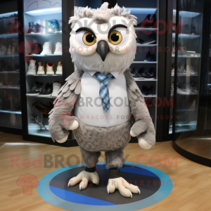 Silver Owl mascot costume character dressed with a Oxford Shirt and Shoe laces