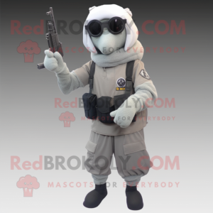 Gray Special Air Service mascot costume character dressed with a Shift Dress and Shawl pins