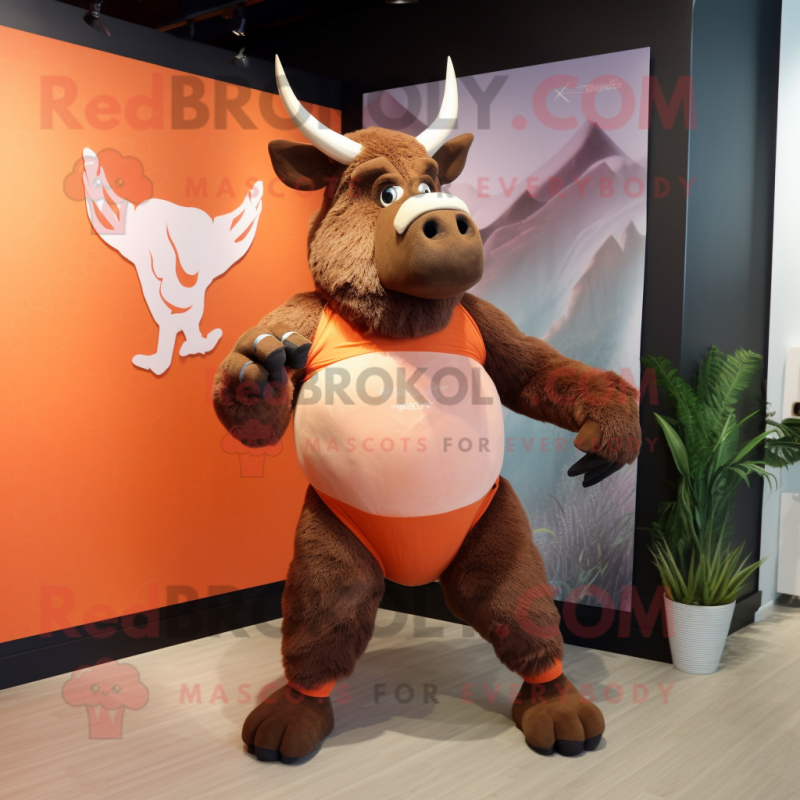 Rust Woolly Rhinoceros mascot costume character dressed with a Bikini and Wraps