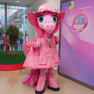 Pink Mare mascot costume character dressed with a Raincoat and Beanies