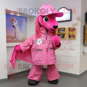 Pink Mare mascot costume character dressed with a Raincoat and Beanies