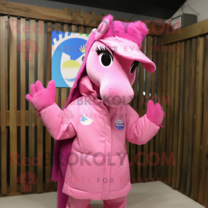 Pink Mare mascot costume character dressed with a Raincoat and Beanies