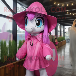 Pink Mare mascot costume character dressed with a Raincoat and Beanies