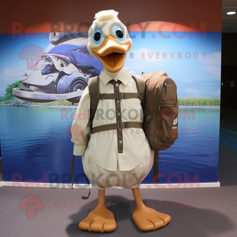 Tan Swan mascot costume character dressed with a Button-Up Shirt and Backpacks