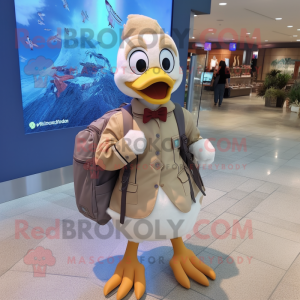 Tan Swan mascot costume character dressed with a Button-Up Shirt and Backpacks