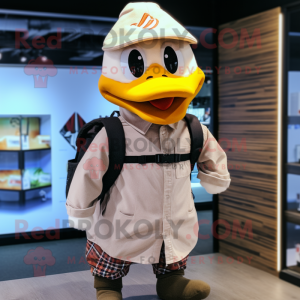 Tan Swan mascot costume character dressed with a Button-Up Shirt and Backpacks