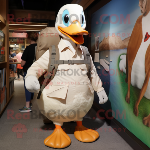 Tan Swan mascot costume character dressed with a Button-Up Shirt and Backpacks
