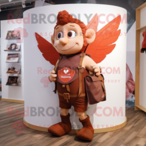 Rust Cupid mascot costume character dressed with a Waistcoat and Messenger bags