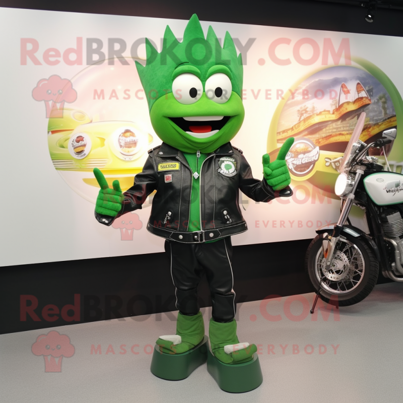 Green Onion mascot costume character dressed with a Moto Jacket and Rings Green Onion mascot costume character dressed with a Moto Jacket and Rings