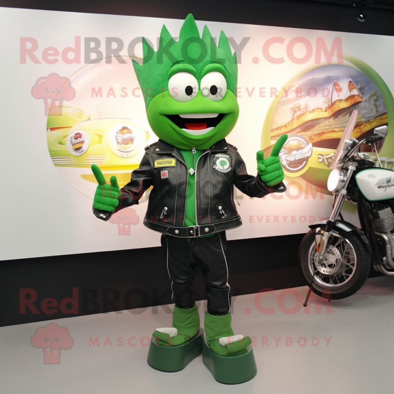 Green Onion mascot costume character dressed with a Moto Jacket and Rings