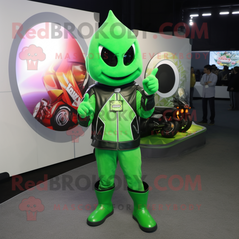 Green Onion mascot costume character dressed with a Moto Jacket and Rings