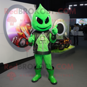 Green Onion mascot costume character dressed with a Moto Jacket and Rings