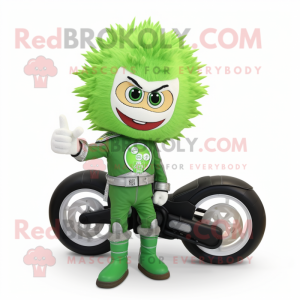 Green Onion mascot costume character dressed with a Moto Jacket and Rings