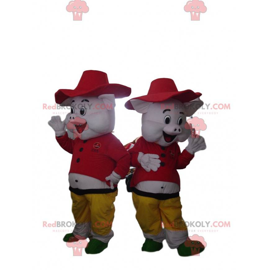 2 Schweinemaskottchen aus dem Cartoon "Die 3 kleinen Schweine"