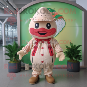 Beige Strawberry mascot costume character dressed with a Raincoat and Belts