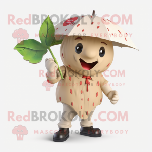 Beige Strawberry mascot costume character dressed with a Raincoat and Belts
