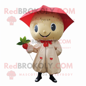 Beige Strawberry mascot costume character dressed with a Raincoat and Belts