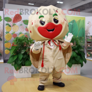 Beige Strawberry mascot costume character dressed with a Raincoat and Belts