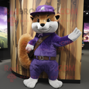Purple Marten mascot costume character dressed with a Henley Tee and Hat pins