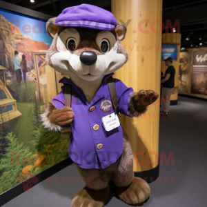 Purple Marten mascot costume character dressed with a Henley Tee and Hat pins