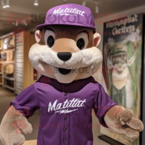 Purple Marten mascot costume character dressed with a Henley Tee and Hat pins