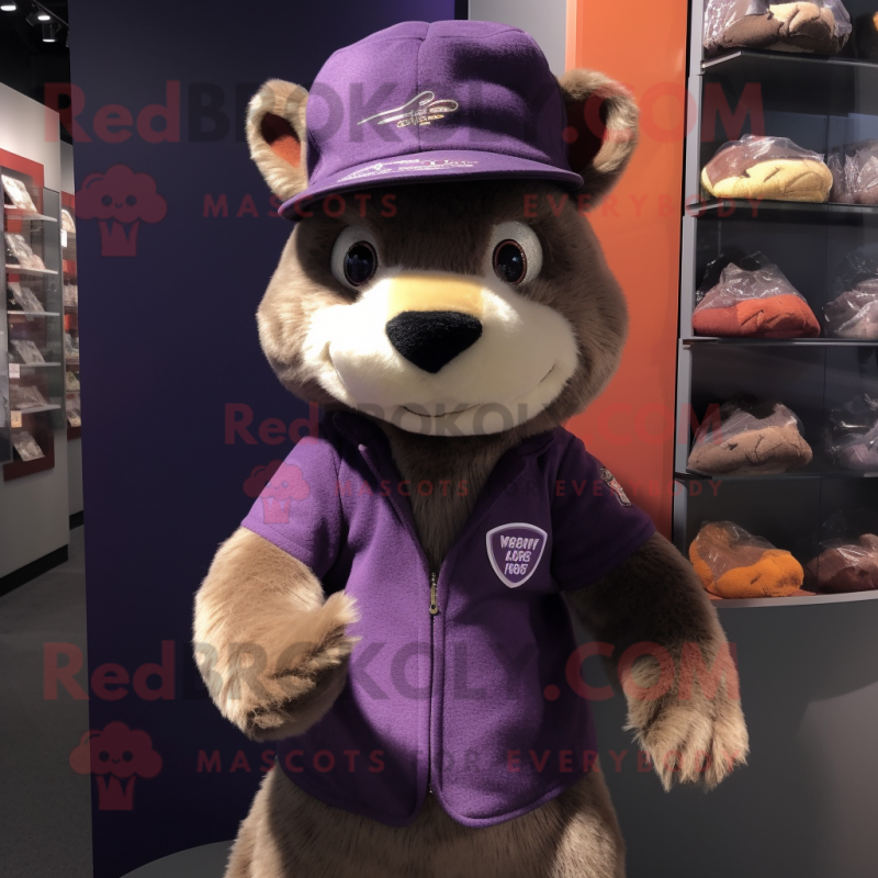 Purple Marten mascot costume character dressed with a Henley Tee and Hat pins Purple Marten mascot costume character dressed with a Henley Tee and Hat pins