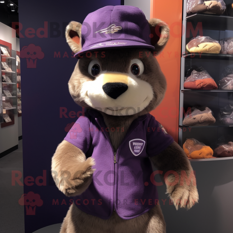 Purple Marten mascot costume character dressed with a Henley Tee and Hat pins