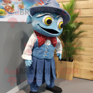 Blue Fish Tacos mascot costume character dressed with a Waistcoat and Suspenders