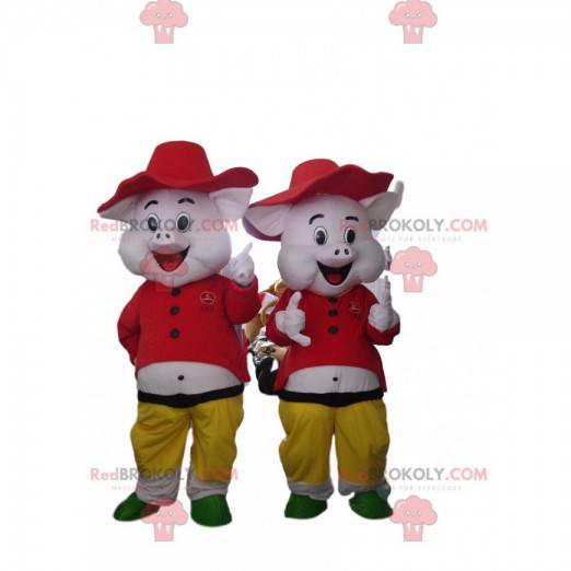 2 mascottes de cochons du dessin animé "Les 3 petits cochons" -
