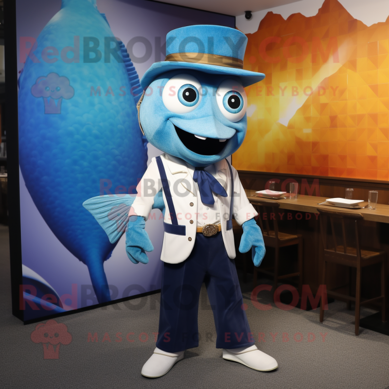 Blue Fish Tacos mascot costume character dressed with a Waistcoat and Suspenders