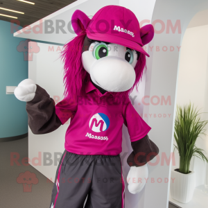 Magenta Mare mascot costume character dressed with a Polo Shirt and Beanies