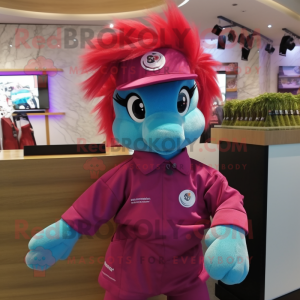 Magenta Mare mascot costume character dressed with a Polo Shirt and Beanies