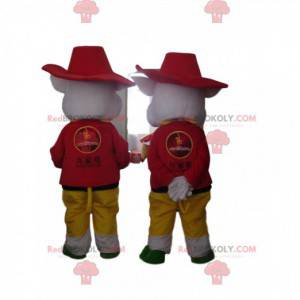 2 mascottes de cochons du dessin animé "Les 3 petits cochons" -