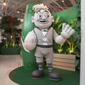 Gray Beanstalk mascot costume character dressed with a Rugby Shirt and Gloves